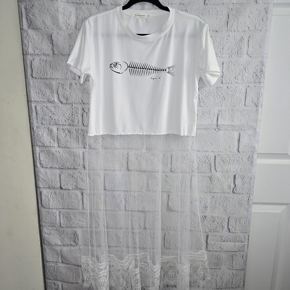 Women's‎ Fish Skeleton White Split Sheer Top Medium